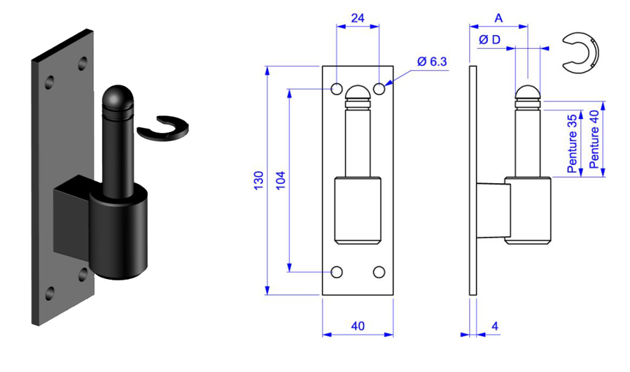 Gond noir en composite court D14 sur platine rectangulaire | Volets-sur-Mesure.com