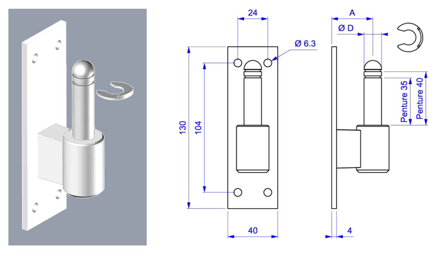 Gond blanc en composite court D14 sur platine rectangulaire | Volets-sur-Mesure.com